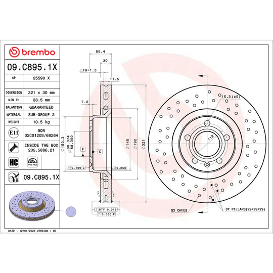09.C895.1X Brembo Premium UV Coated XTRA Cross Drilled Brake Rotor Brembo Brake Canada