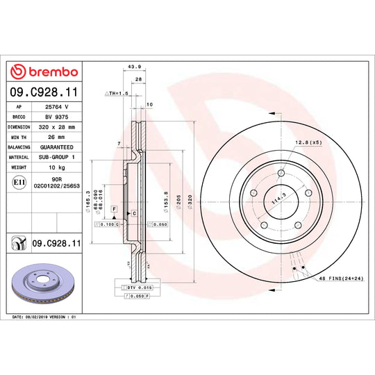 09.C928.11 Brembo Premium Coated Vented Brake Rotor Brembo Brake Canada
