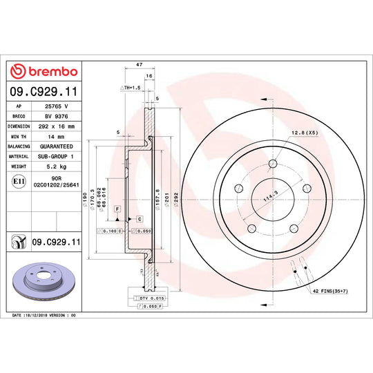 09.C929.11 Brembo Premium Coated Vented Brake Rotor Brembo Brake Canada