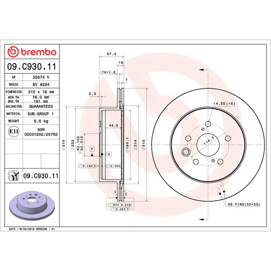 09.C930.11 Brembo Premium Coated Vented Brake Rotor Brembo Brake Canada