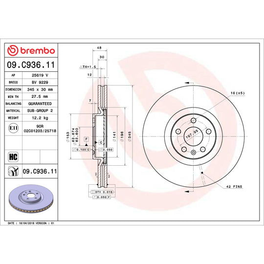 09.C936.11 Brembo Premium Coated Vented Brake Rotor Brembo Brake Canada
