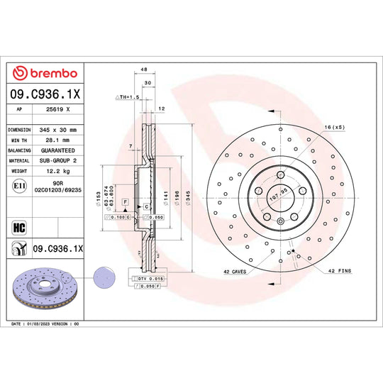 09.C936.1X Brembo Premium UV Coated XTRA Cross Drilled Brake Rotor Brembo Brake Canada