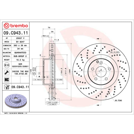 09.C943.11 Brembo Premium Coated Vented Brake Rotor Brembo Brake Canada