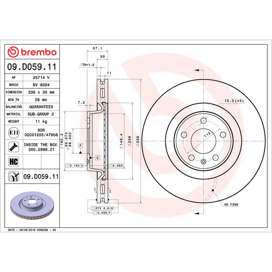 09.D059.11 Brembo Premium Coated Vented Brake Rotor Brembo Brake Canada