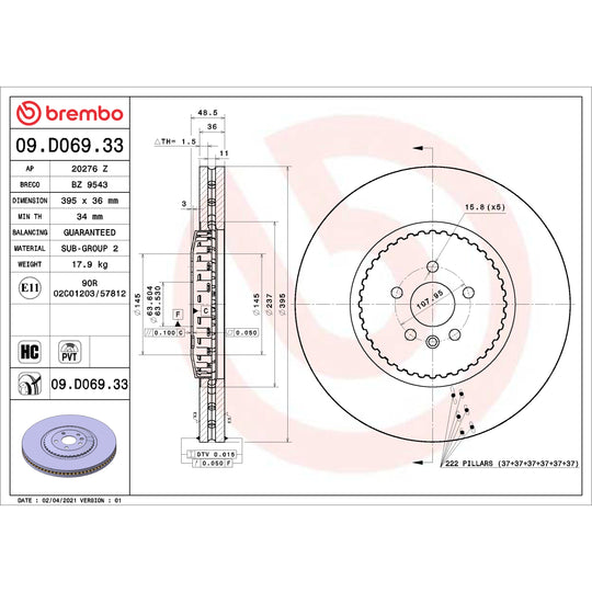 09.D069.33 Brembo Premium Coated Lightweight Vented Brake Rotor Brembo Brake Canada