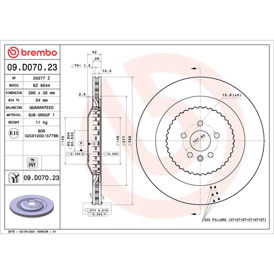 09.D070.23 Brembo Premium Coated Lightweight Vented Brake Rotor Brembo Brake Canada