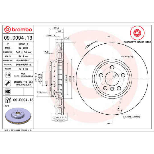 09.D094.13 Brembo Premium Vented Composite Brake Rotor Brembo Brake Canada