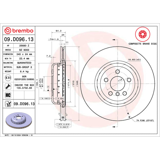 KT00824 Brembo Ceramic Brake Pad and Composite Vented  Brake Disc Kit Brembo Brake Canada