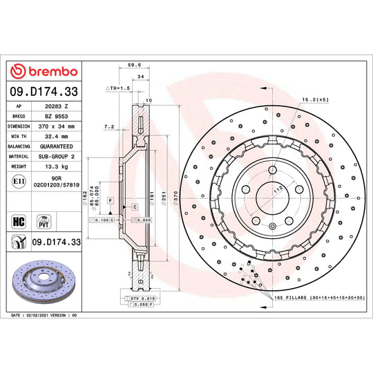 09.D174.33 Brembo Premium Dual Cast Vented Drilled/Grooved UV Coated Brake Rotor Brembo Brake Canada