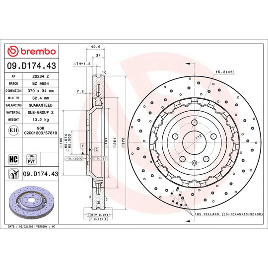 09.D174.43 Brembo Premium Dual Cast Vented Drilled/Grooved UV Coated Brake Rotor Brembo Brake Canada