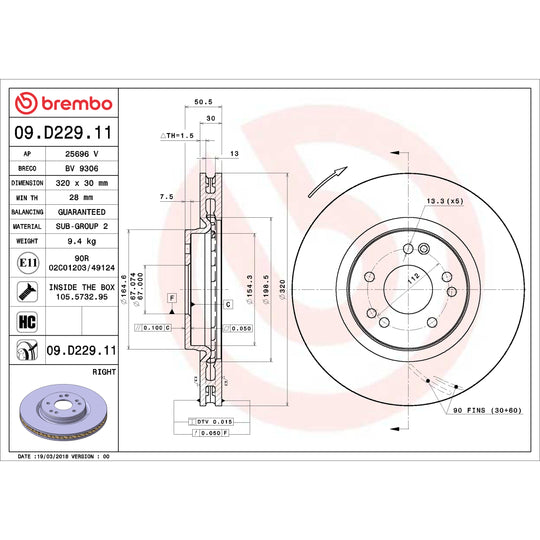 09.D229.11 Brembo Premium Coated Vented Brake Rotor Brembo Brake Canada