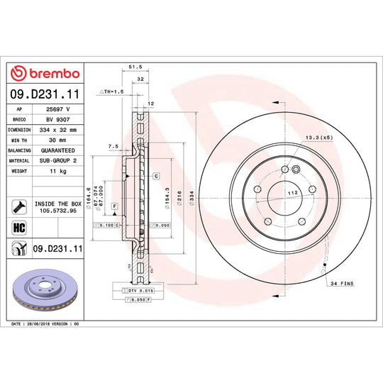 09.D231.11 Brembo Premium Coated Vented Brake Rotor Brembo Brake Canada