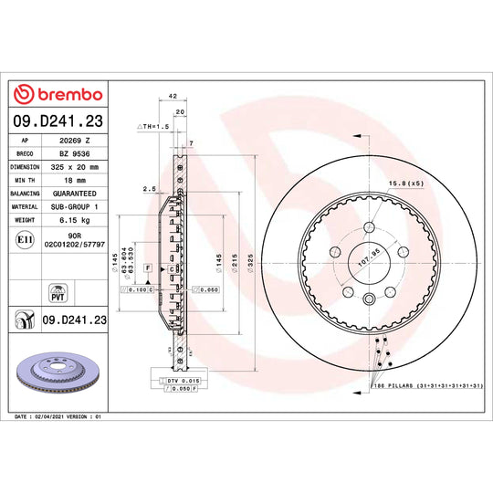 09.D241.23 Brembo Premium Coated Lightweight Vented Brake Rotor Brembo Brake Canada