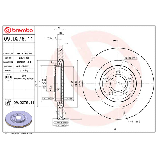 09.D276.11 Brembo Premium Coated Vented Brake Rotor Brembo Brake Canada