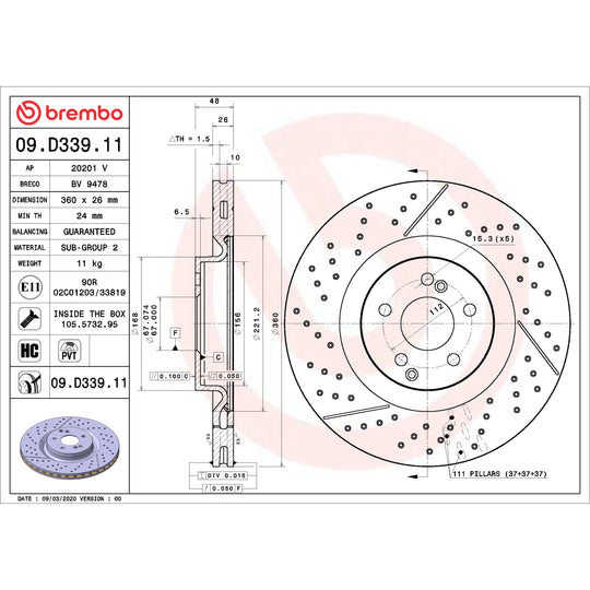 09.D339.11 Brembo Premium Coated Vented Brake Rotor Brembo Brake Canada