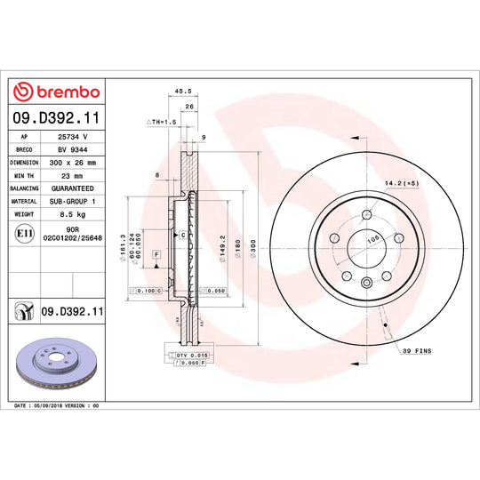 09.D392.11 Brembo Premium Coated Vented Brake Rotor Brembo Brake Canada