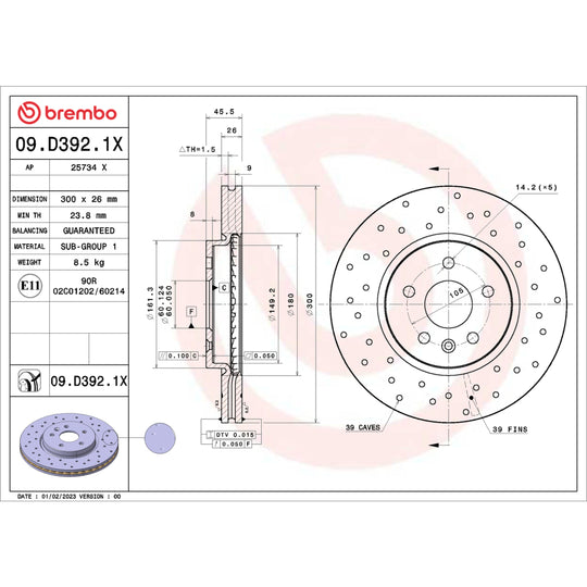 09.D392.1X Brembo Premium UV Coated XTRA Cross Drilled Brake Rotor Brembo Brake Canada