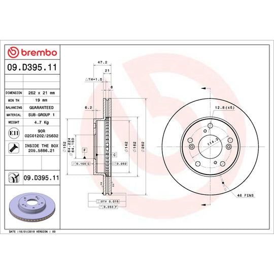 09.D395.11 Brembo Premium Coated Vented Brake Rotor Brembo Brake Canada