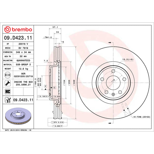 09.D423.11 Brembo Premium Coated Vented Brake Rotor Brembo Brake Canada