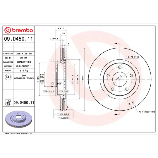 09.D450.11 Brembo Premium Coated Vented Brake Rotor Brembo Brake Canada