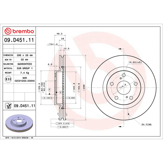 09.D451.11 Brembo Premium Coated Vented Brake Rotor Brembo Brake Canada