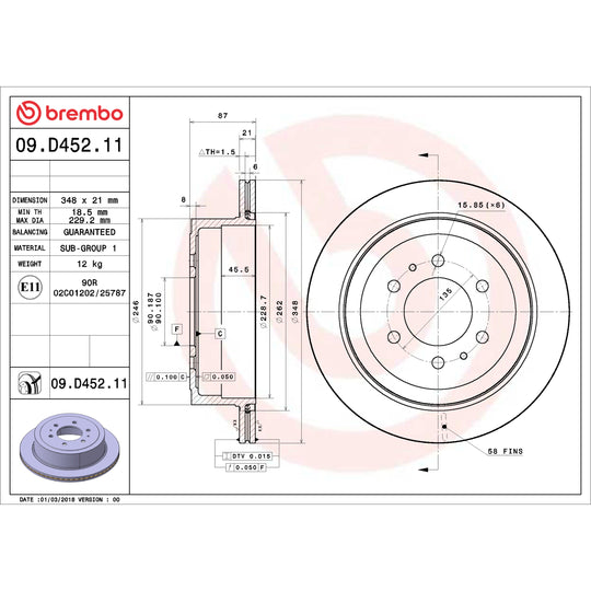 09.D452.11 Brembo Premium Coated Vented Brake Rotor Brembo Brake Canada