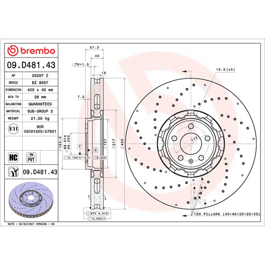 09.D481.43 Brembo Premium UV Coated Co-Cast Brake Rotor Brembo Brake Canada