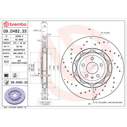 09.D482.33 Brembo Premium Dual Cast Vented Drilled/Grooved UV Coated Brake Rotor Brembo Brake Canada