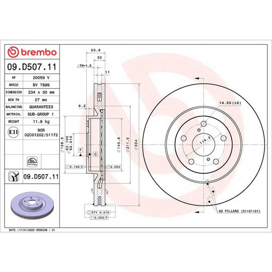 09.D507.11 Brembo Premium Coated Vented Brake Rotor Brembo Brake Canada