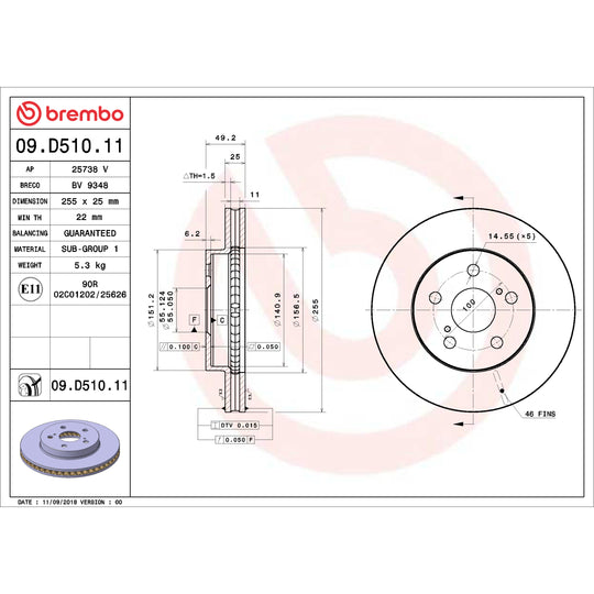 09.D510.11 Brembo Premium Coated Vented Brake Rotor Brembo Brake Canada