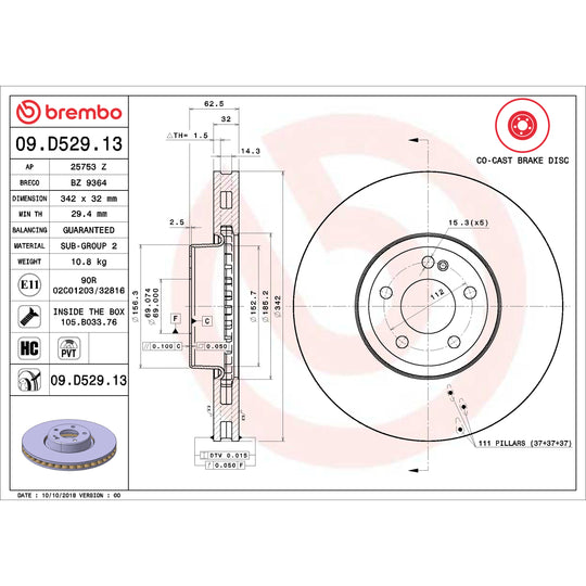 09.D529.13 Brembo Premium UV Coated Co-Cast Brake Rotor Brembo Brake Canada