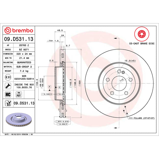 09.D531.13 Brembo Premium UV Coated Co-Cast Brake Rotor Brembo Brake Canada