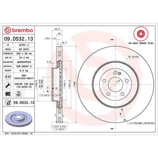 09.D532.13 Brembo Premium UV Coated Co-Cast Brake Rotor Brembo Brake Canada