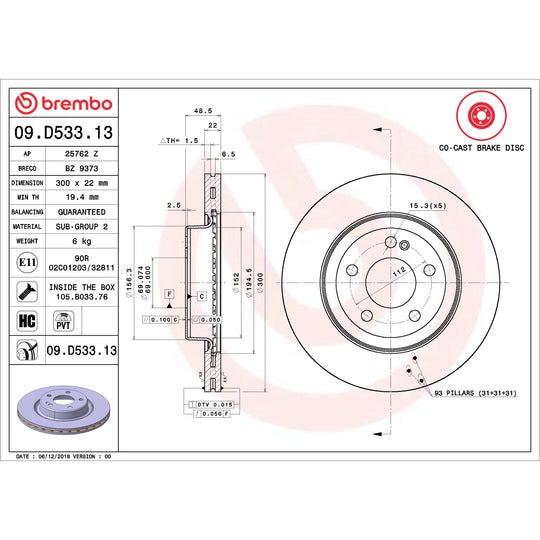 09.D533.13 Brembo Premium UV Coated Co-Cast Brake Rotor Brembo Brake Canada