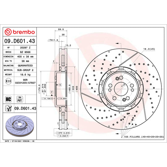 09.D601.43 Brembo Premium Dual Cast Vented Drilled/Grooved UV Coated Brake Rotor Brembo Brake Canada