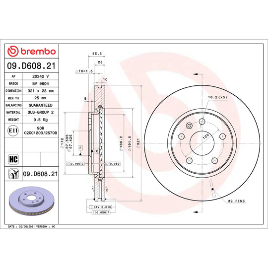 09.D608.21 Brembo Premium Coated Vented Brake Rotor Brembo Brake Canada