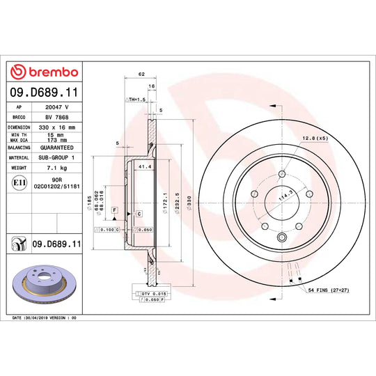 09.D689.11 Brembo Premium Coated Vented Brake Rotor Brembo Brake Canada