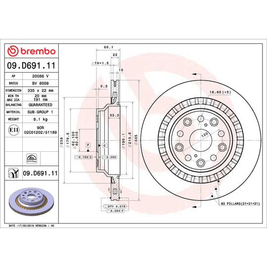 09.D691.11 Brembo Premium Coated Vented Brake Rotor Brembo Brake Canada