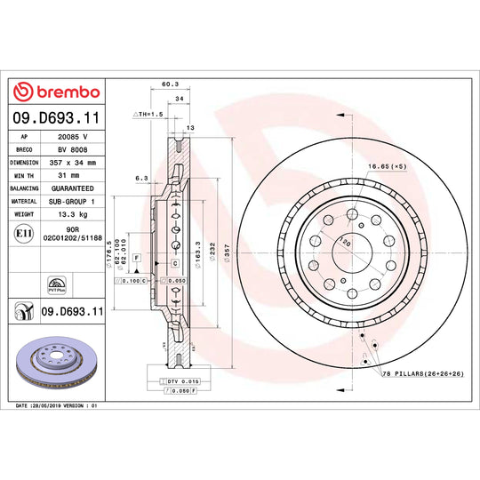 09.D693.11 Brembo Premium Coated Vented Brake Rotor Brembo Brake Canada