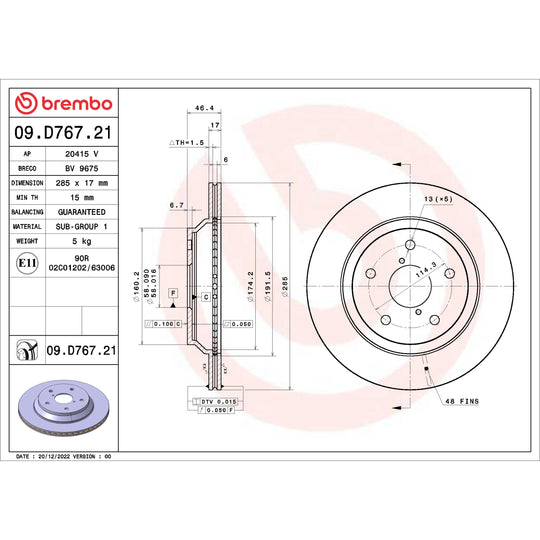09.D767.21 Brembo Premium UV Coated Vented Brake Rotor Brembo Brake Canada