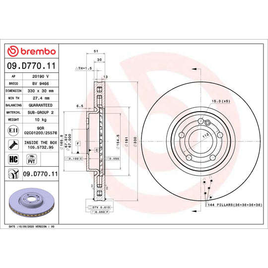 09.D770.11 Brembo Premium Coated Vented Brake Rotor Brembo Brake Canada