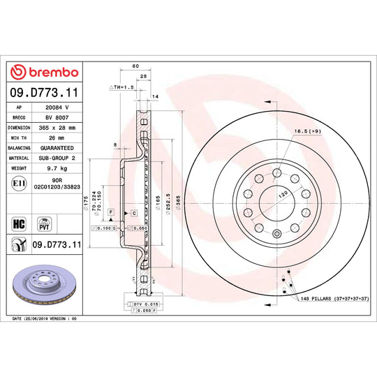 09.D773.11 Brembo Premium Coated Vented Brake Rotor Brembo Brake Canada