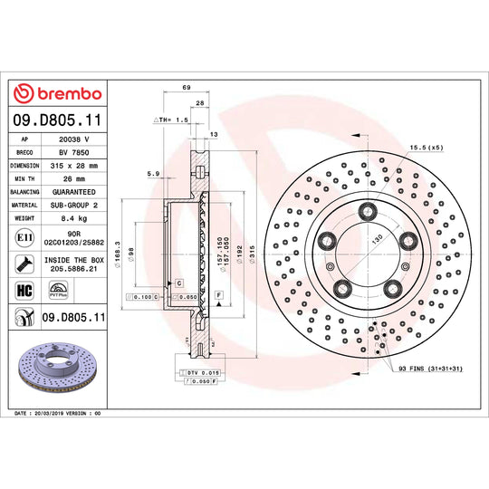 09.D805.11 Brembo Premium Coated Vented Brake Rotor Brembo Brake Canada