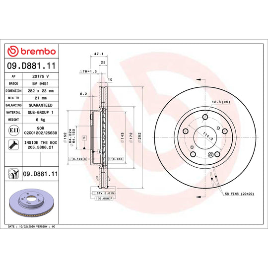 09.D881.11 Brembo Premium Coated Vented Brake Rotor Brembo Brake Canada