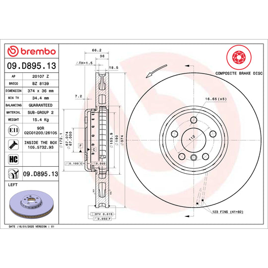 09.D895.13 Brembo Premium Vented Composite Brake Rotor Brembo Brake Canada