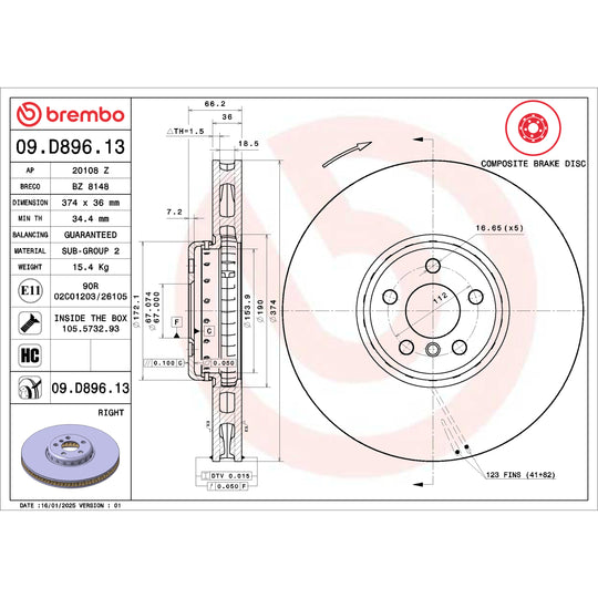 09.D896.13 Brembo Premium Vented Composite Brake Rotor Brembo Brake Canada