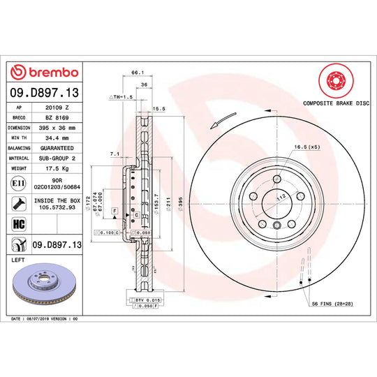 09.D897.13 Brembo Premium Vented Composite Brake Rotor Brembo Brake Canada