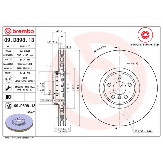 09.D898.13 Brembo Premium Vented Composite Brake Rotor Brembo Brake Canada