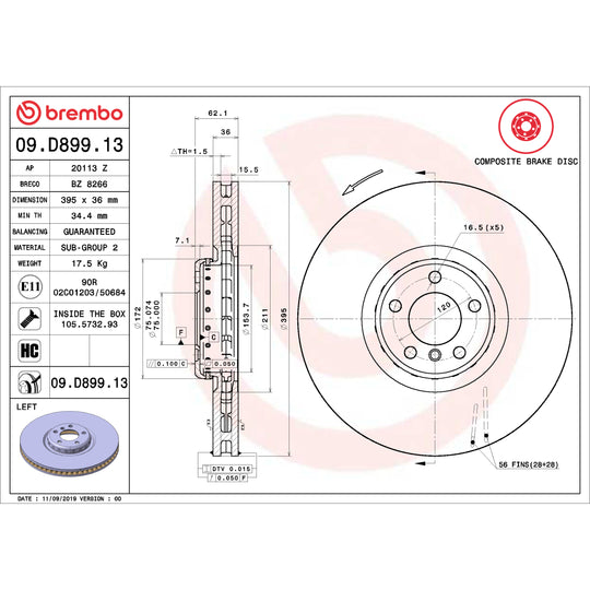 09.D899.13 Brembo Premium Vented Composite Brake Rotor Brembo Brake Canada