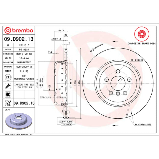 09.D902.13 Brembo Premium Vented Composite Brake Rotor Brembo Brake Canada